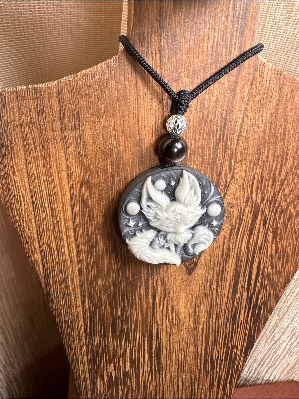 Tai Chi Stone Fox Pendant Necklace on Black Rope - Picture 9 of 14